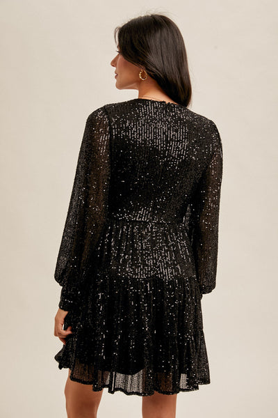 Black Metallic Sparkling Sequin Long Sleeve Tiered Holiday Cocktail Dress