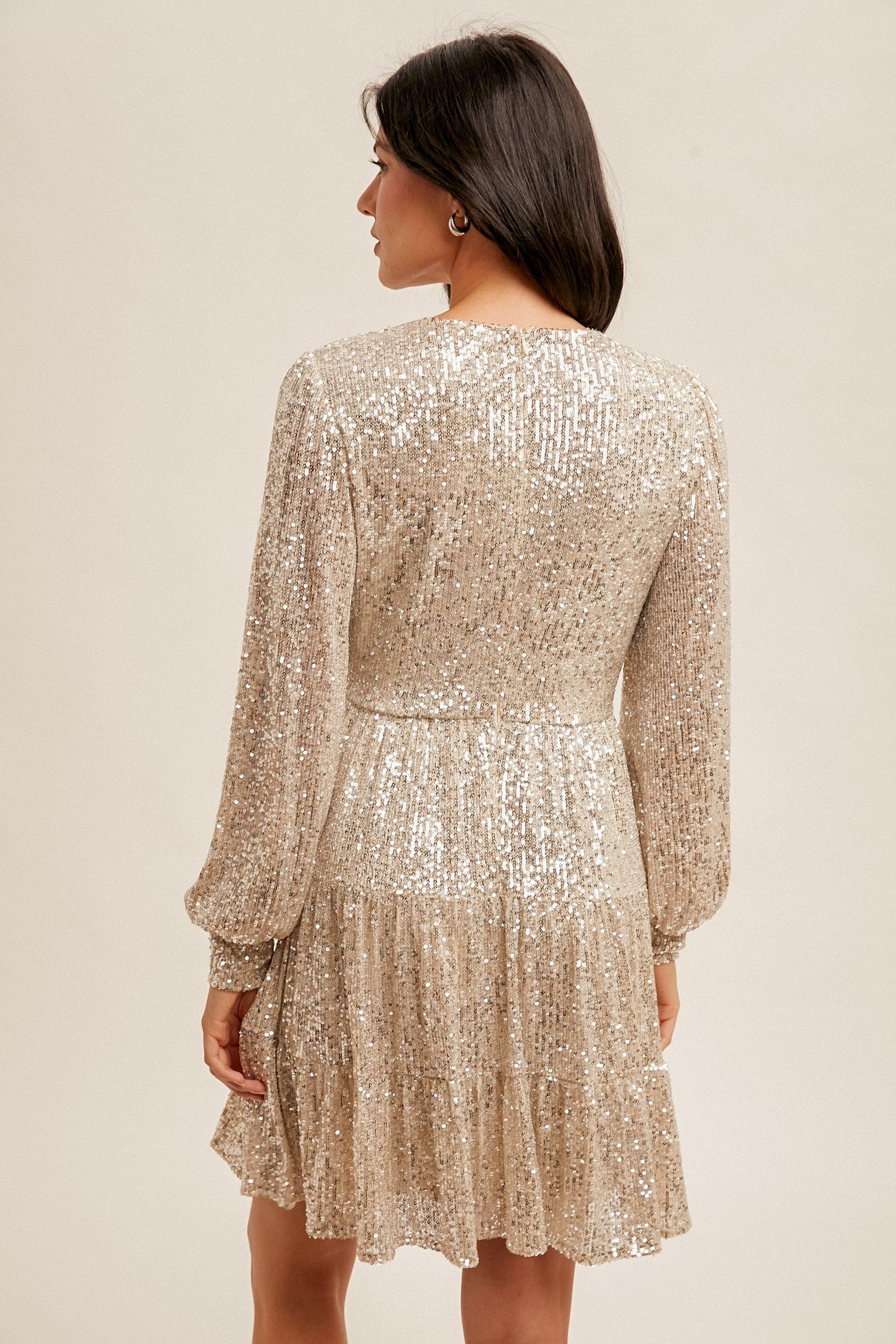 Champagne Metallic Sparkling Sequin Long Sleeve Tiered Holiday Cocktail Dress