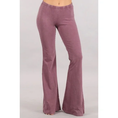 Dusty Rose Boho Mineral Wash Flared Bell Bottom Stretch Pull On Pants Womens