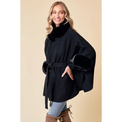 Black Solid Faux Fur Trimmed Soft Fuzzy Poncho Cape Coat Women's Fall Winter