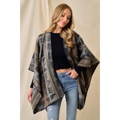 Olive Multi Western Aztec Pattern Knit Sweater Shawl Open Wrap Fall Poncho