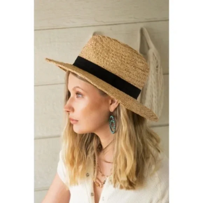 Natural Straw Panama Hat w/ Black Ribbon Accent Summer Casual Women's