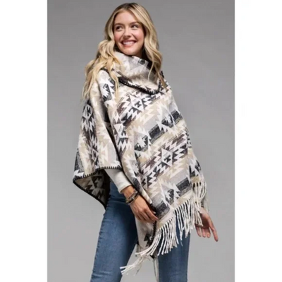 White Combo Bohemian Western Aztec Pattern Knit Poncho w/ Tassels