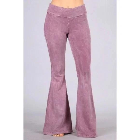 Dusty Rose Mineral Wash French Terry Flared Bell Bottom Pull On Pants w/ Pockets