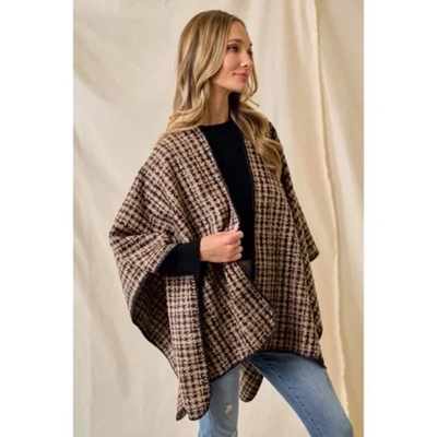 Mocha Brown Houndstooth Knit Shawl Open Poncho Wrap Casual Fall Winter One Size