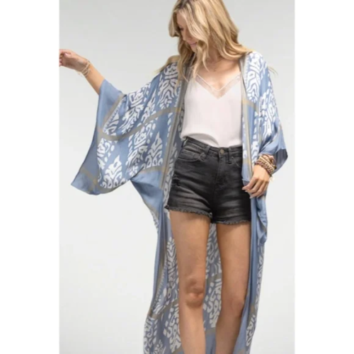 Washed Denim Damask Print Pompom Accent Boho Kimono Womens One Size