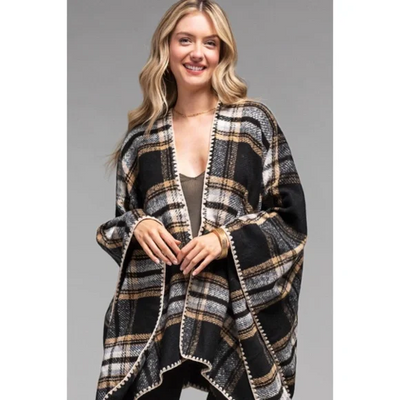 Black Plaid Pattern Whip Stitch Knit Open Ruana Poncho Wrap One Size