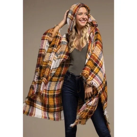 Mochachino Knit Plaid Hooded Hoodie Open Fringe Ruana Wrap Fall Casual