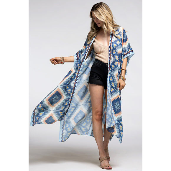 Blue Multi Long Open Front Aztec Tribal Pattern Kimono Wrap Coverup Top