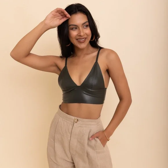 Black Vegan Faux Leather Longline Solid Women's Sexy Bralette