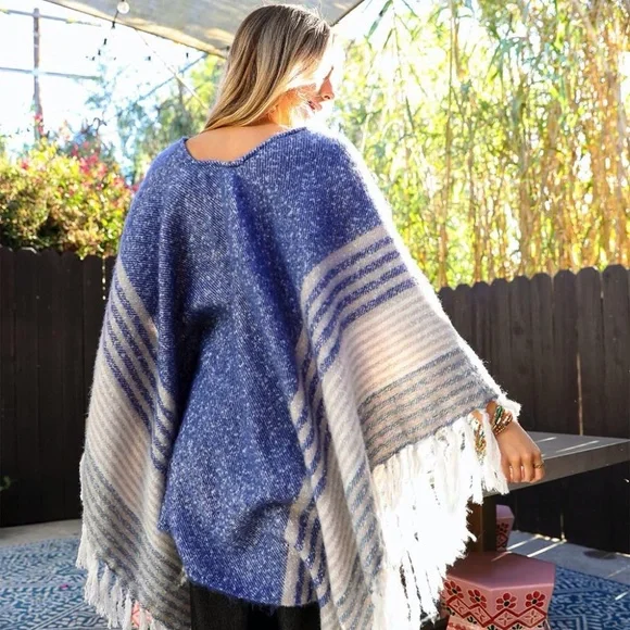 Blue Faux Mohair Striped Knit Border Tassel Trim Bohemian Winter Ruana Wrap