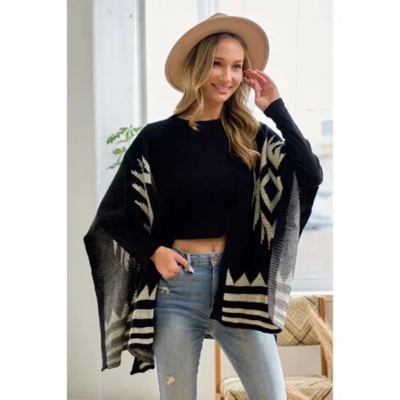 Black Ivory Aztec Boho Pattern Knit Sweater Open Shawl Wrap One Size Fall Winter