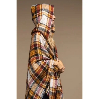 Mochachino Knit Plaid Hooded Hoodie Open Fringe Ruana Wrap Fall Casual