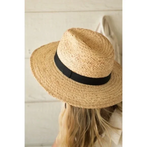 Natural Straw Panama Hat w/ Black Ribbon Accent Summer Casual Women's