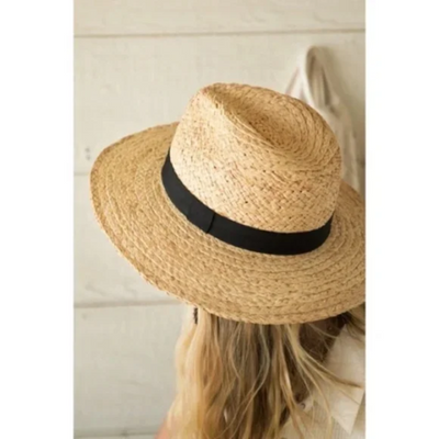 Natural Straw Panama Hat w/ Black Ribbon Accent Summer Casual Women's