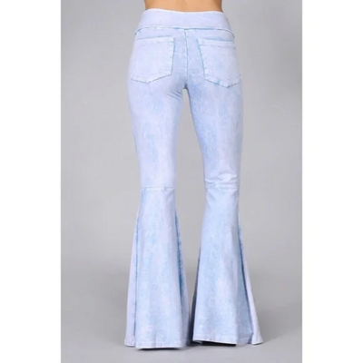 Powder Blue Mineral Wash French Terry Flared Bell Bottom Pull On Pants w/ Pockets