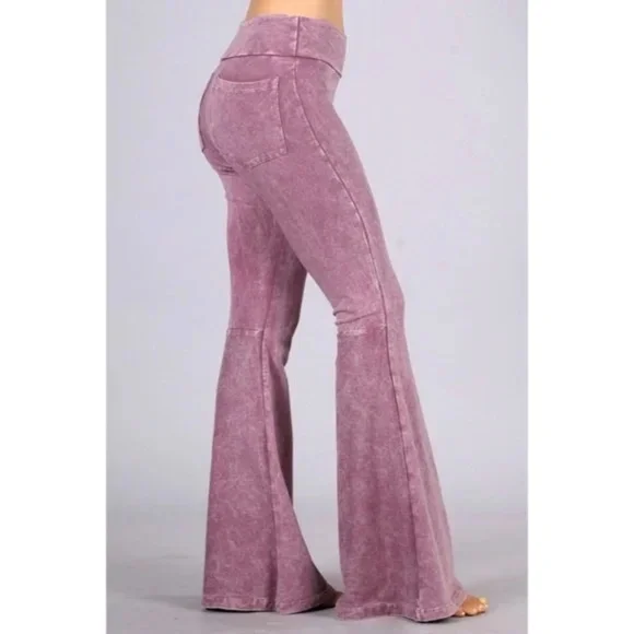 Dusty Rose Mineral Wash French Terry Flared Bell Bottom Pull On Pants w/ Pockets