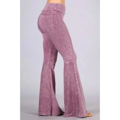 Dusty Rose Mineral Wash French Terry Flared Bell Bottom Pull On Pants w/ Pockets