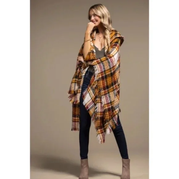 Mochachino Knit Plaid Hooded Hoodie Open Fringe Ruana Wrap Fall Casual