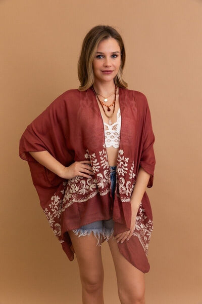 Rosewood Floral Embroidered Sheer Kimono Wrap Boho One Size Womens