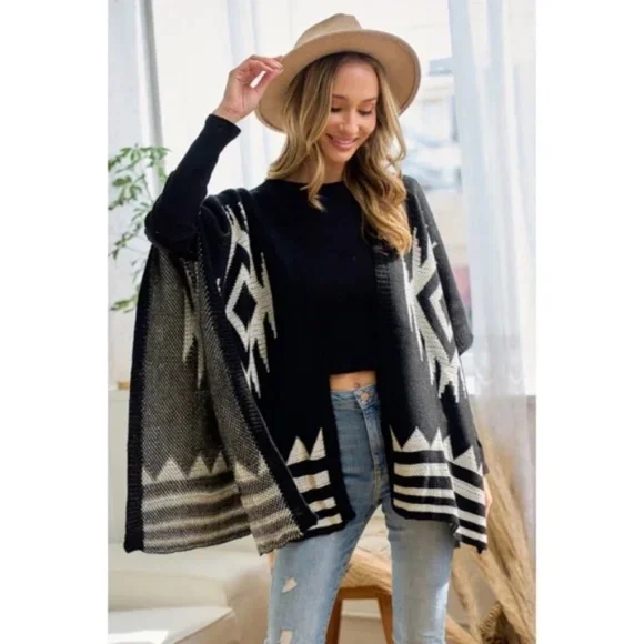 Black Ivory Aztec Boho Pattern Knit Sweater Open Shawl Wrap One Size Fall Winter