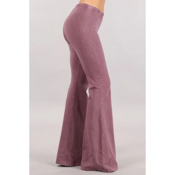 Dusty Rose Boho Mineral Wash Flared Bell Bottom Stretch Pull On Pants Womens