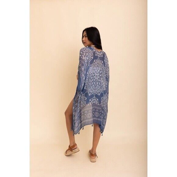 Navy Blue Mandala Printed Tassel Open Kimono Coverup Casual Wrap One Size