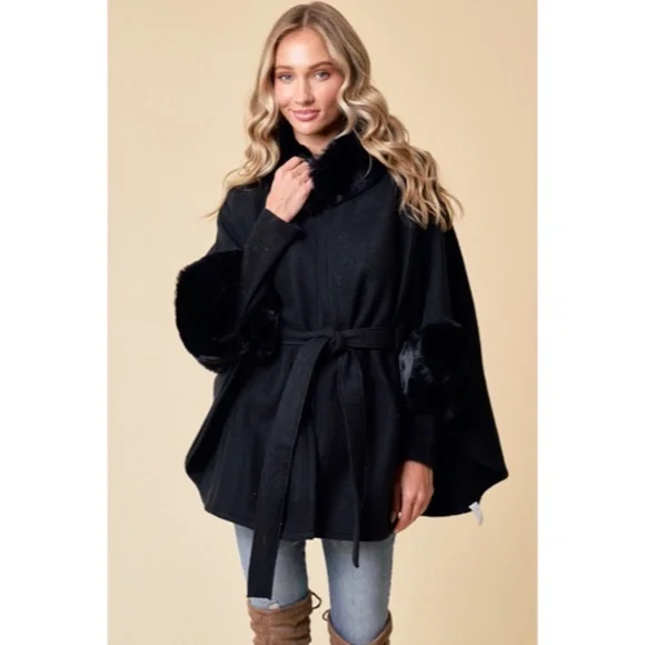 Black Solid Faux Fur Trimmed Soft Fuzzy Poncho Cape Coat Women's Fall Winter