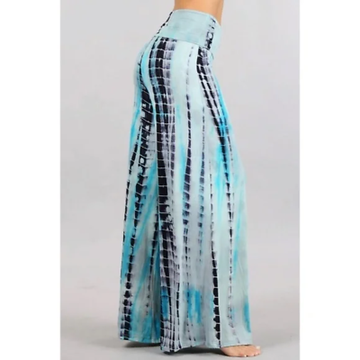 Bohemian Aqua Blue Tie Dye Wide Leg Palazzo Relaxed Fit Foldover Waist Lounge Pants