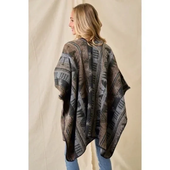 Olive Multi Western Aztec Pattern Knit Sweater Shawl Open Wrap Fall Poncho