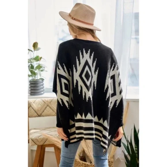 Black Ivory Aztec Boho Pattern Knit Sweater Open Shawl Wrap One Size Fall Winter