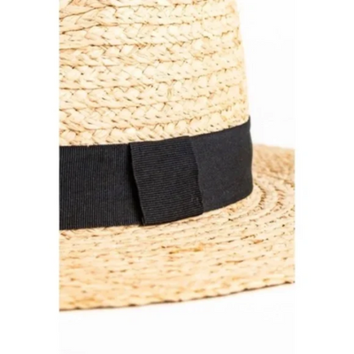 Natural Straw Panama Hat w/ Black Ribbon Accent Summer Casual Women's