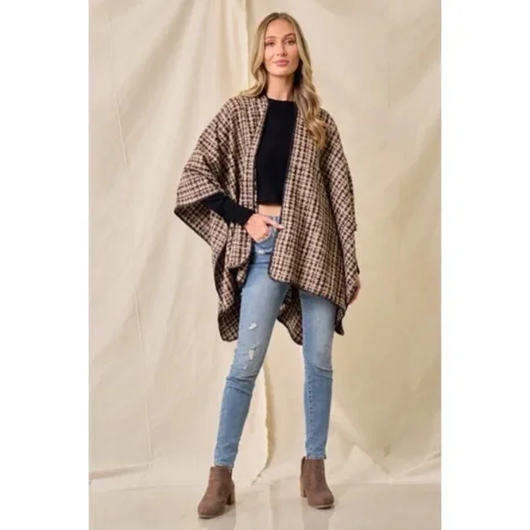 Mocha Brown Houndstooth Knit Shawl Open Poncho Wrap Casual Fall Winter One Size