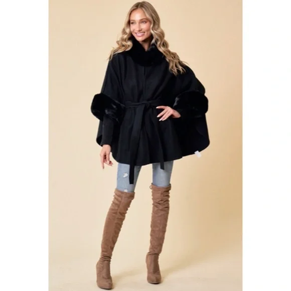 Black Solid Faux Fur Trimmed Soft Fuzzy Poncho Cape Coat Women's Fall Winter