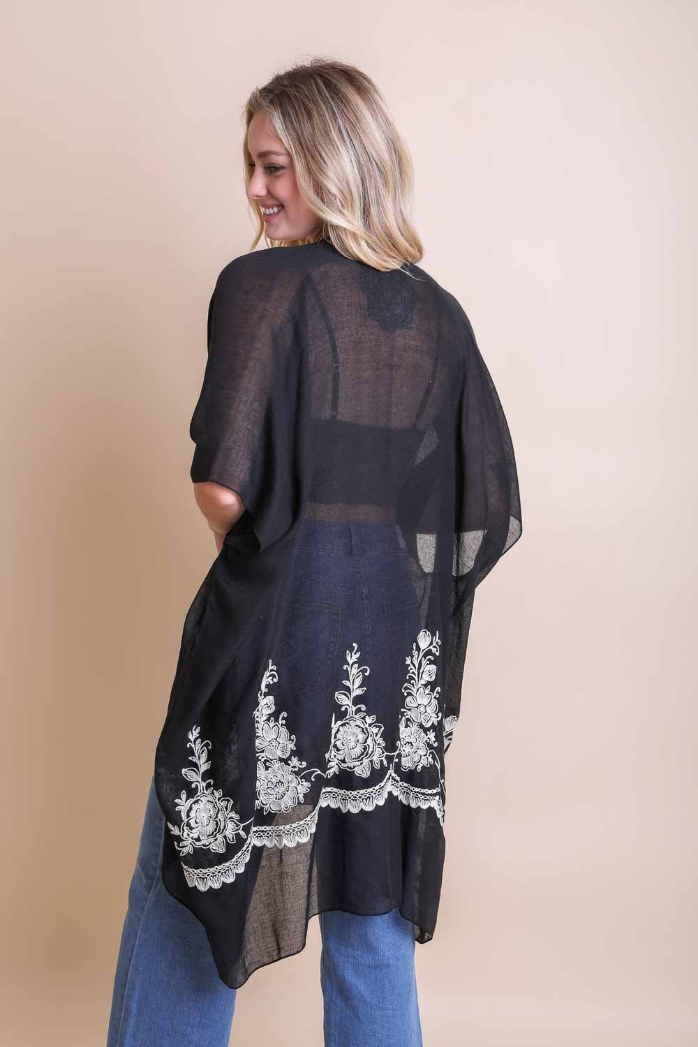 Black Floral Embroidered Sheer Kimono Wrap Boho One Size Womens