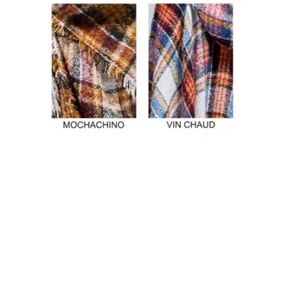 Mochachino Knit Plaid Hooded Hoodie Open Fringe Ruana Wrap Fall Casual