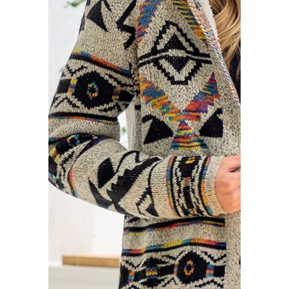 Oatmeal Rainbow Aztec Sherpa Lined Knit Button Hooded Cardigan Casual Sweater