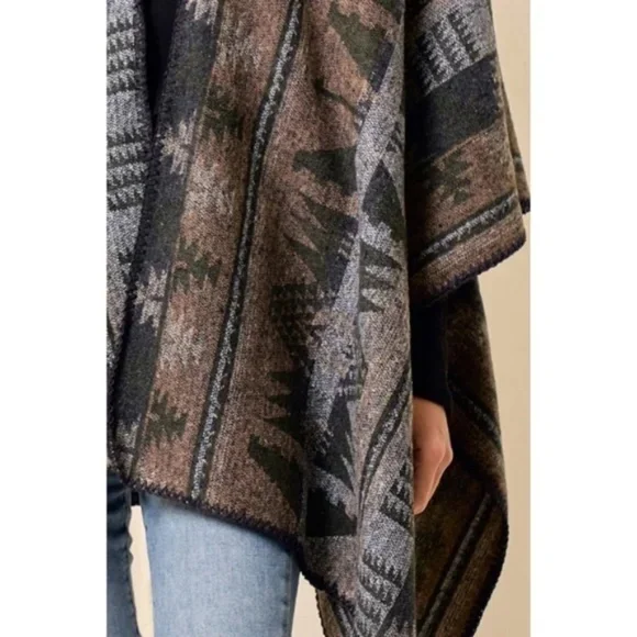 Olive Multi Western Aztec Pattern Knit Sweater Shawl Open Wrap Fall Poncho