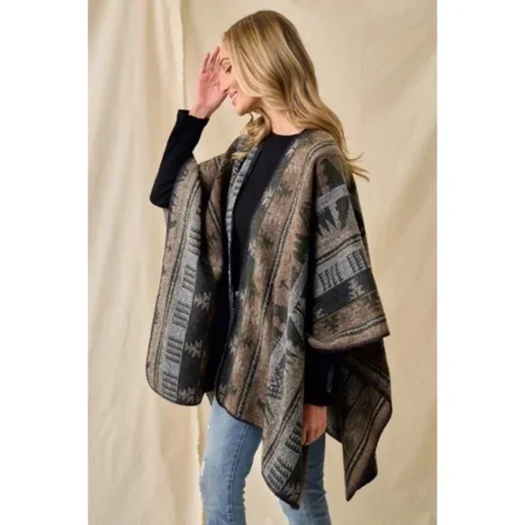 Olive Multi Western Aztec Pattern Knit Sweater Shawl Open Wrap Fall Poncho