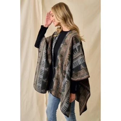 Olive Multi Western Aztec Pattern Knit Sweater Shawl Open Wrap Fall Poncho