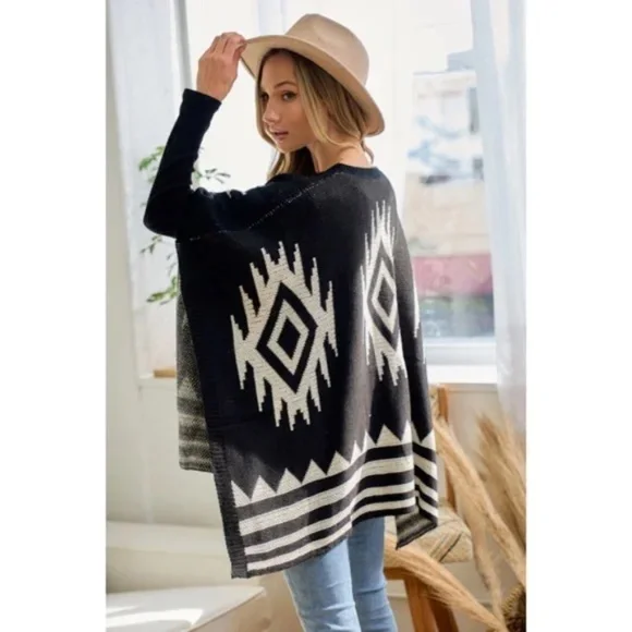 Black Ivory Aztec Boho Pattern Knit Sweater Open Shawl Wrap One Size Fall Winter