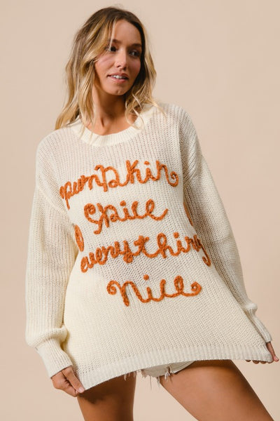 Ivory Pumpkin Spice Everything Nice Knit Fall Thanksgiving Crew Pullover Sweater
