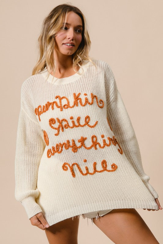 Ivory Pumpkin Spice Everything Nice Knit Fall Thanksgiving Crew Pullover Sweater