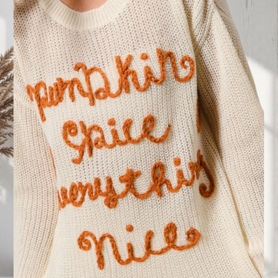 Ivory Pumpkin Spice Everything Nice Knit Fall Thanksgiving Crew Pullover Sweater