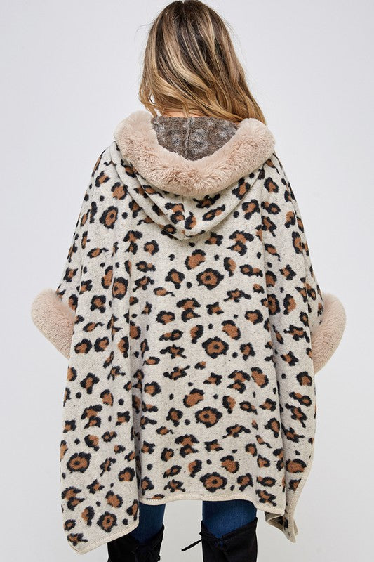 Taupe Faux Fur Trim Hooded Animal Leopard Print Soft Knit Poncho Coat