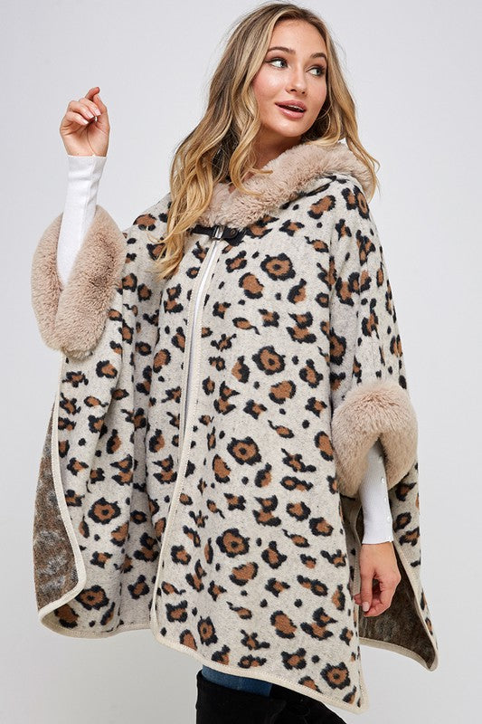 Taupe Faux Fur Trim Hooded Animal Leopard Print Soft Knit Poncho Coat
