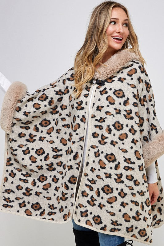 Taupe Faux Fur Trim Hooded Animal Leopard Print Soft Knit Poncho Coat