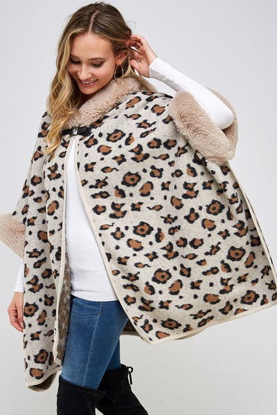 Taupe Faux Fur Trim Hooded Animal Leopard Print Soft Knit Poncho Coat