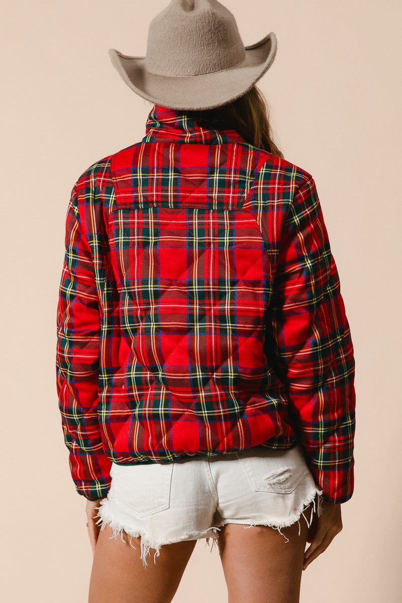 Red Vintage Christmas Plaid Holiday Winter Casual Quilted Jacket