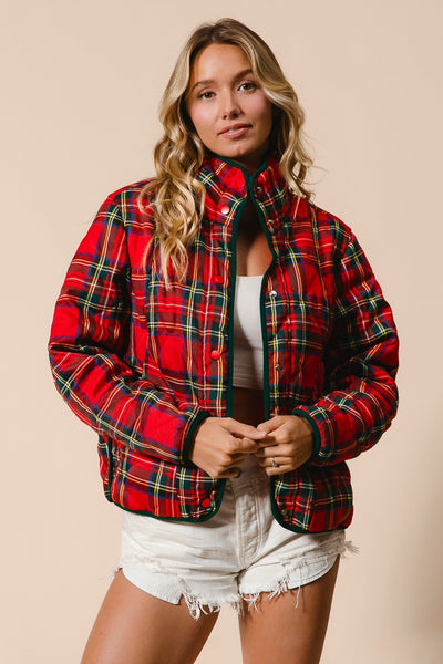 Red Vintage Christmas Plaid Holiday Winter Casual Quilted Jacket